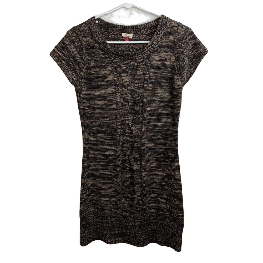 LEI Juniors Brown Cable Knit Cap Sleeve Crew Neck Tunic Sweater Dress Si…